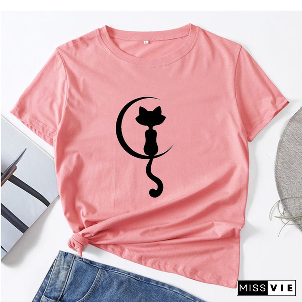 Women Fashion Cat Print T-shirt Summer Casual Short Sleeve Tee Shirt Ladies Round Neck Loose T-shirt