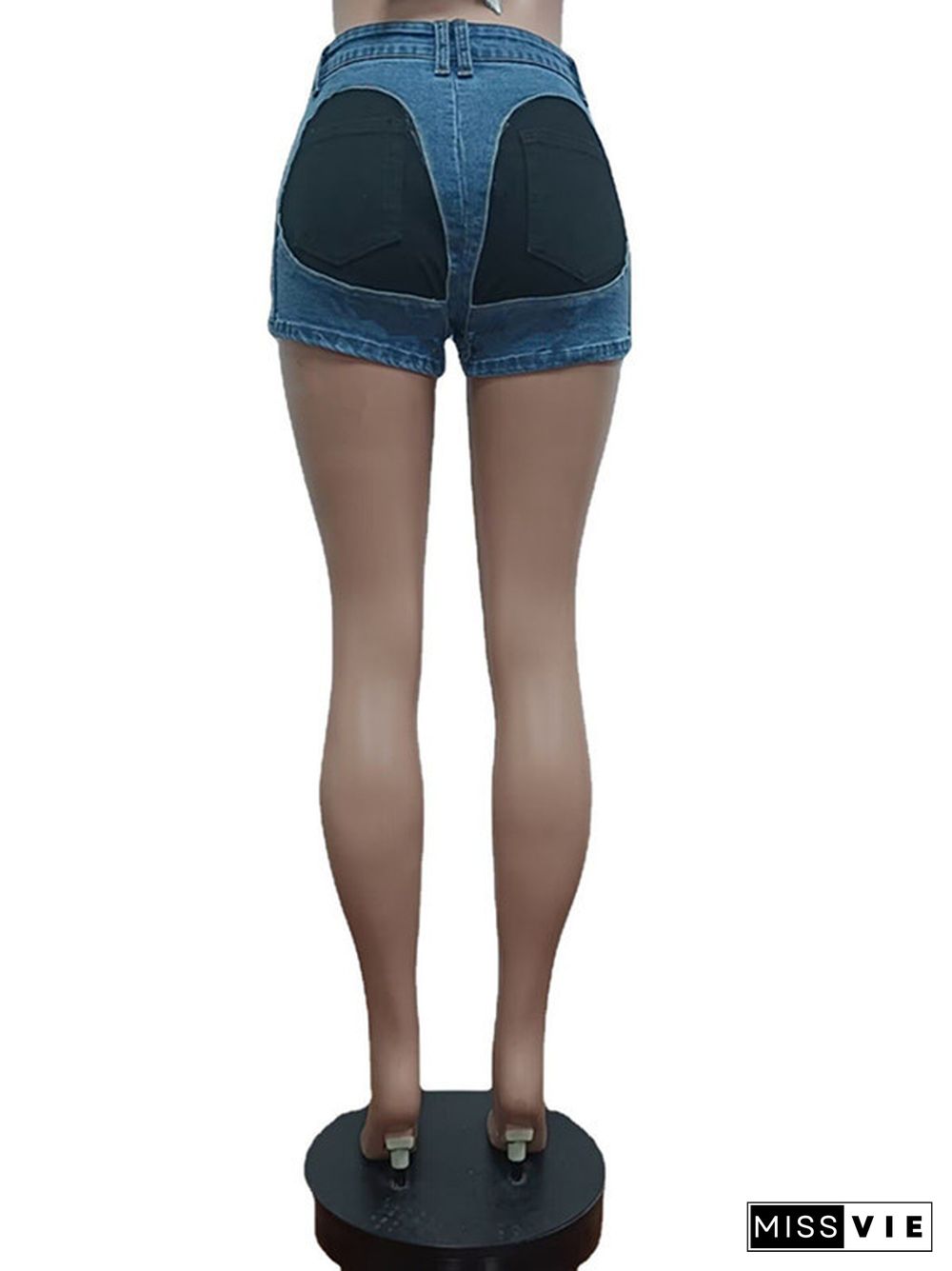 Low Waist Patchwork Stretch Denim Shorts