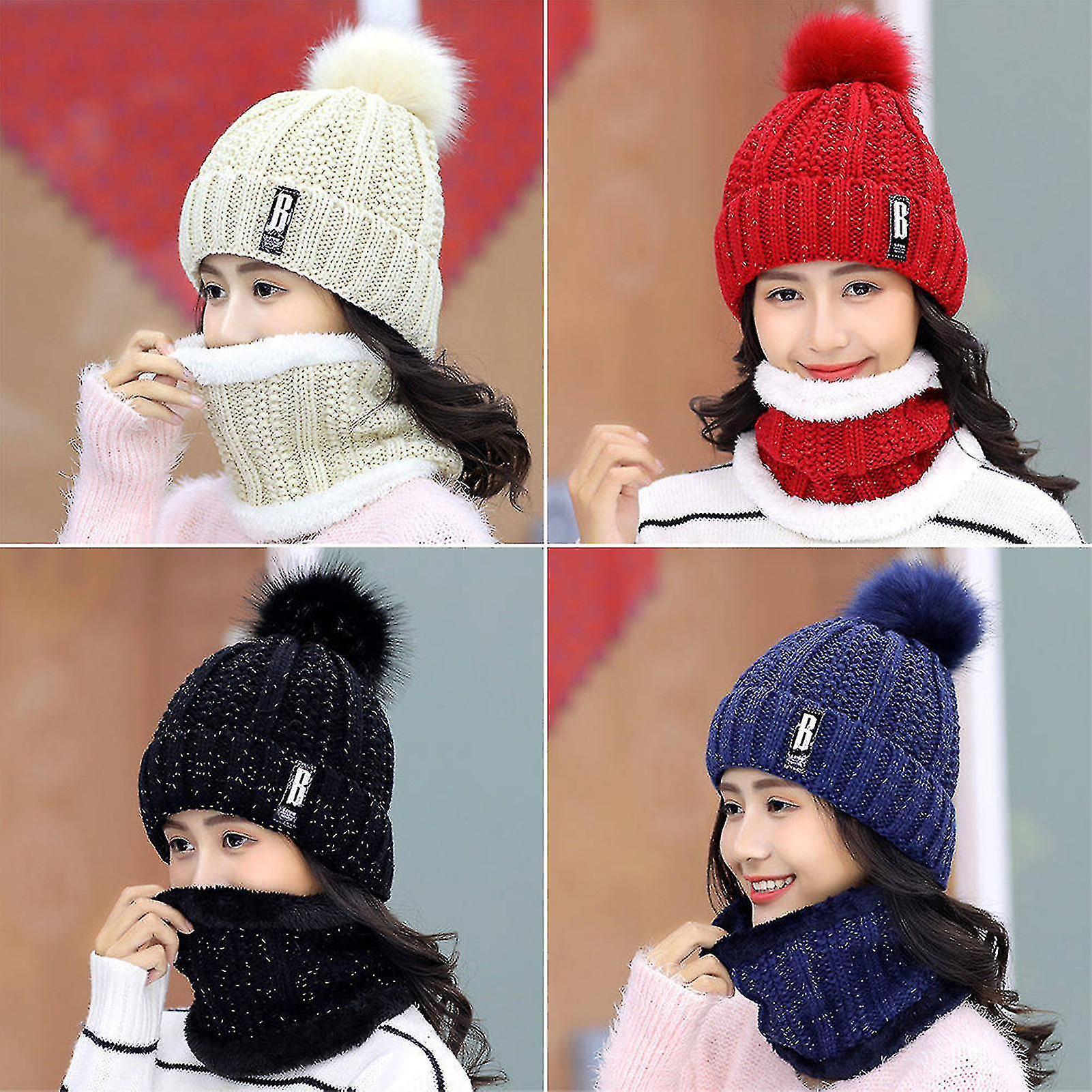 Winter Beanie Hat Scarf Set Women Slouchy Scarf Warm Knitted Hat For Outdoor