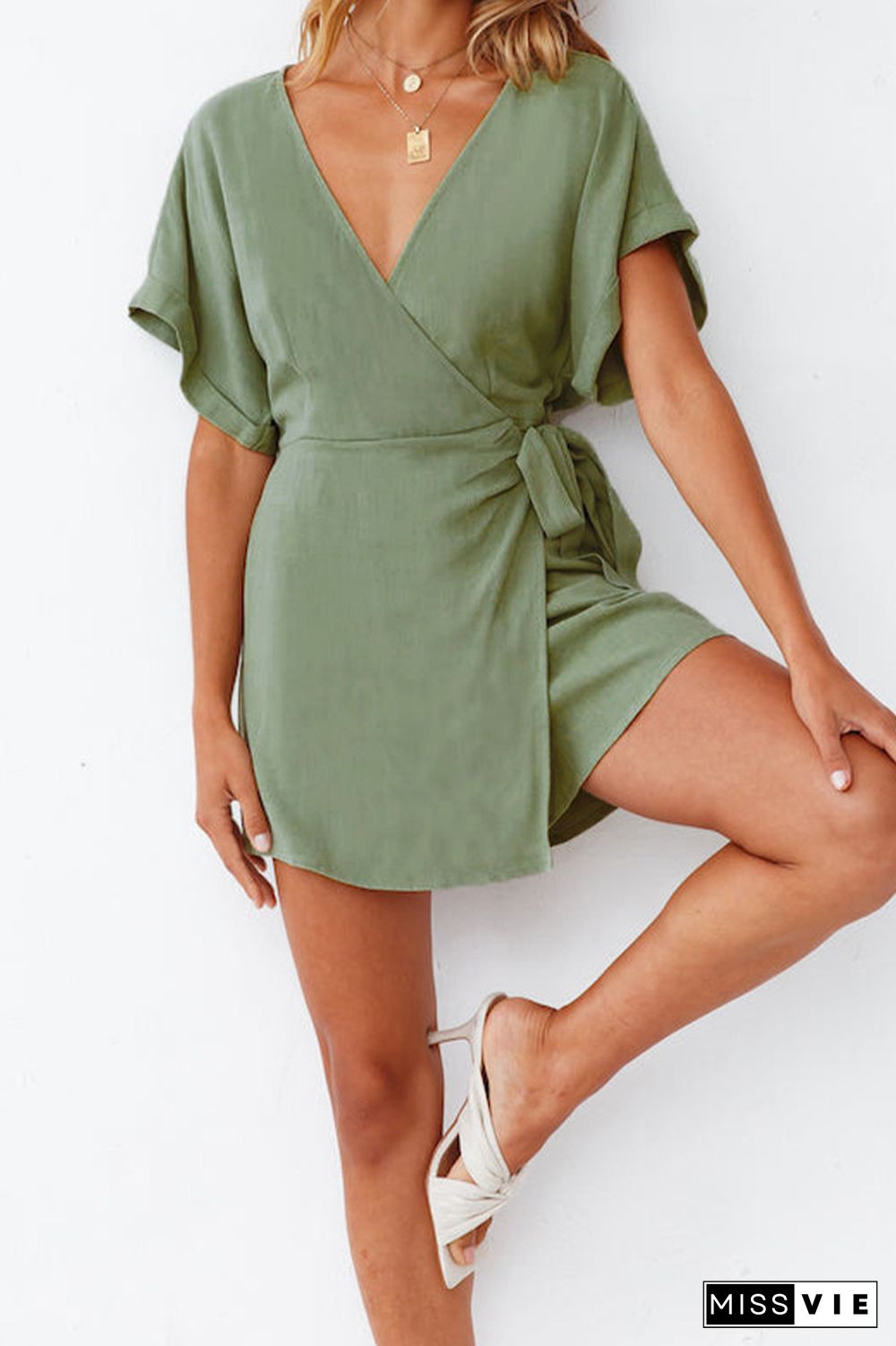 Plain Wrap V Neck Side Sash Romper