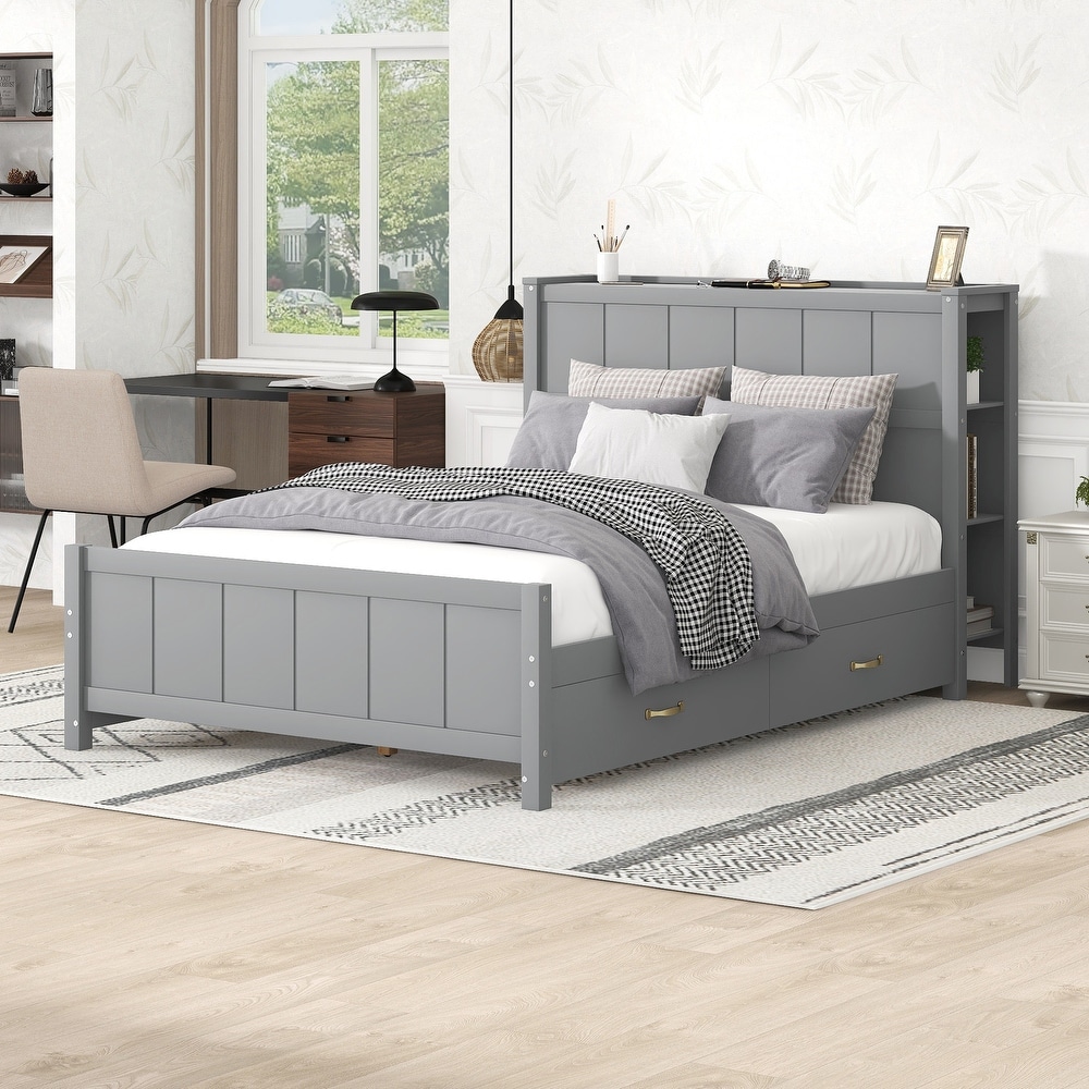 Full Size Platform Bed with Drawers and Storage Shelves  Gray