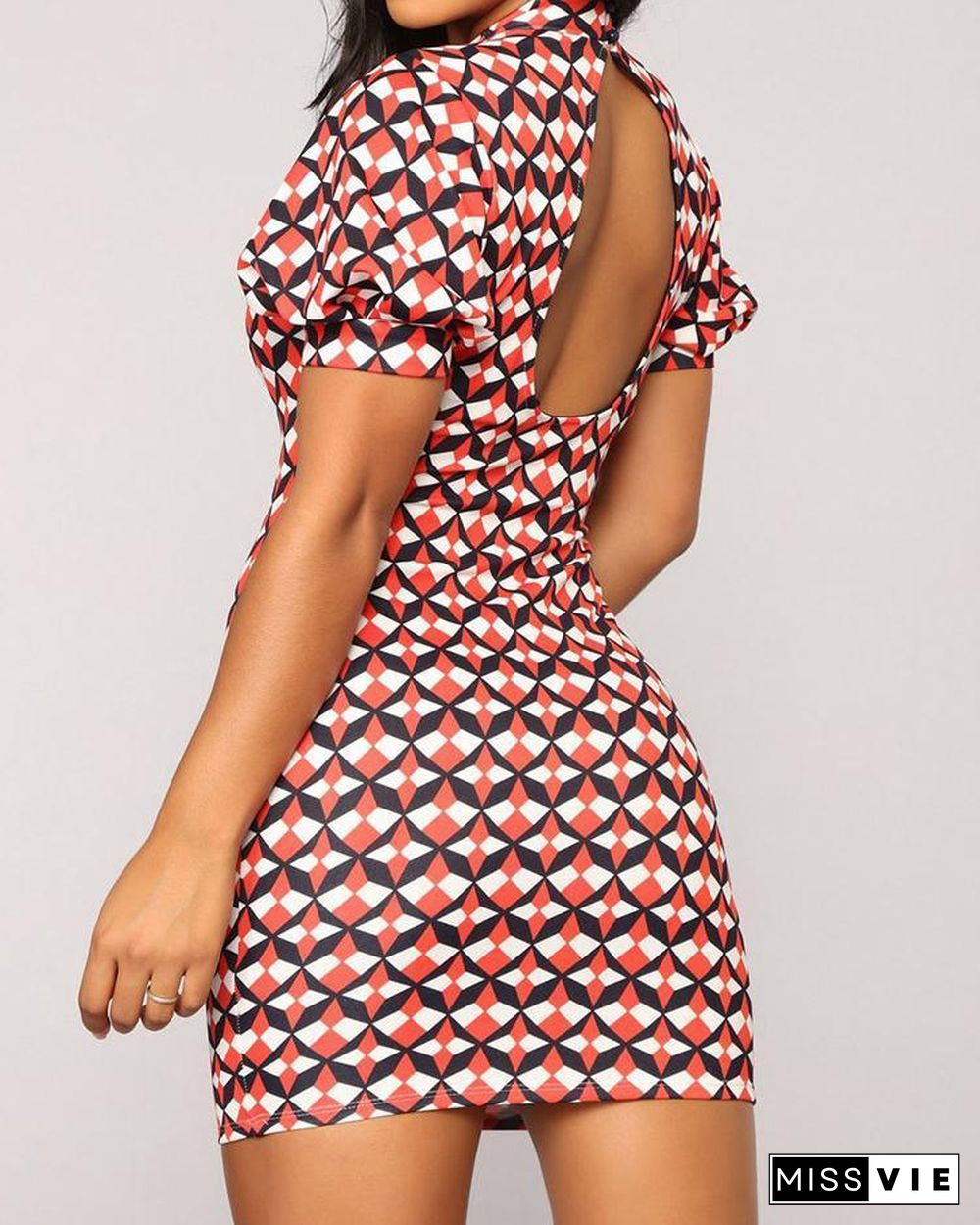 Geometric Print Tied Neck Cutout Back Bodycon Dress P12101