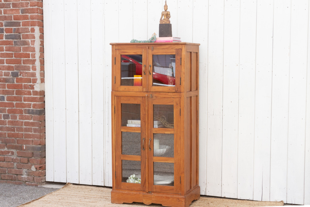 Tall Golden Teak Glass Cabinet   Farmhouse   Accent Chests And Cabinets   by De cor  Houzz