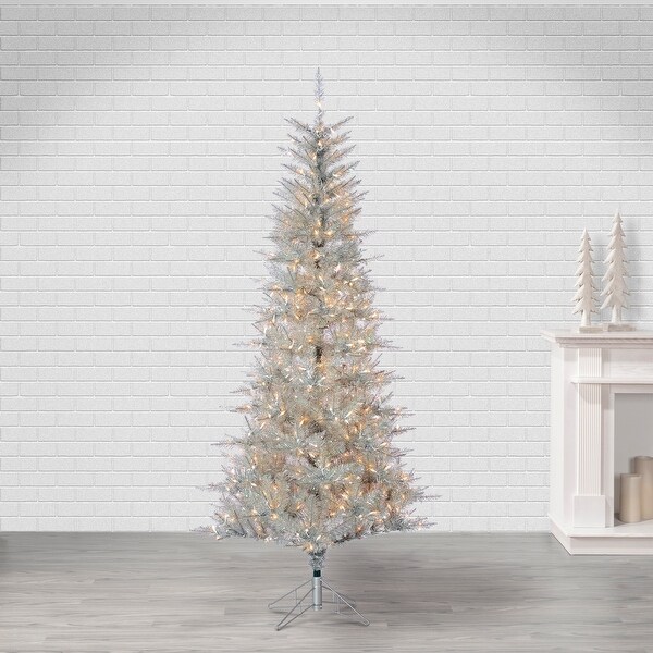 Elegant 7.5 Foot Silver Tuscany Tinsel Tree with Warm White LED Lights