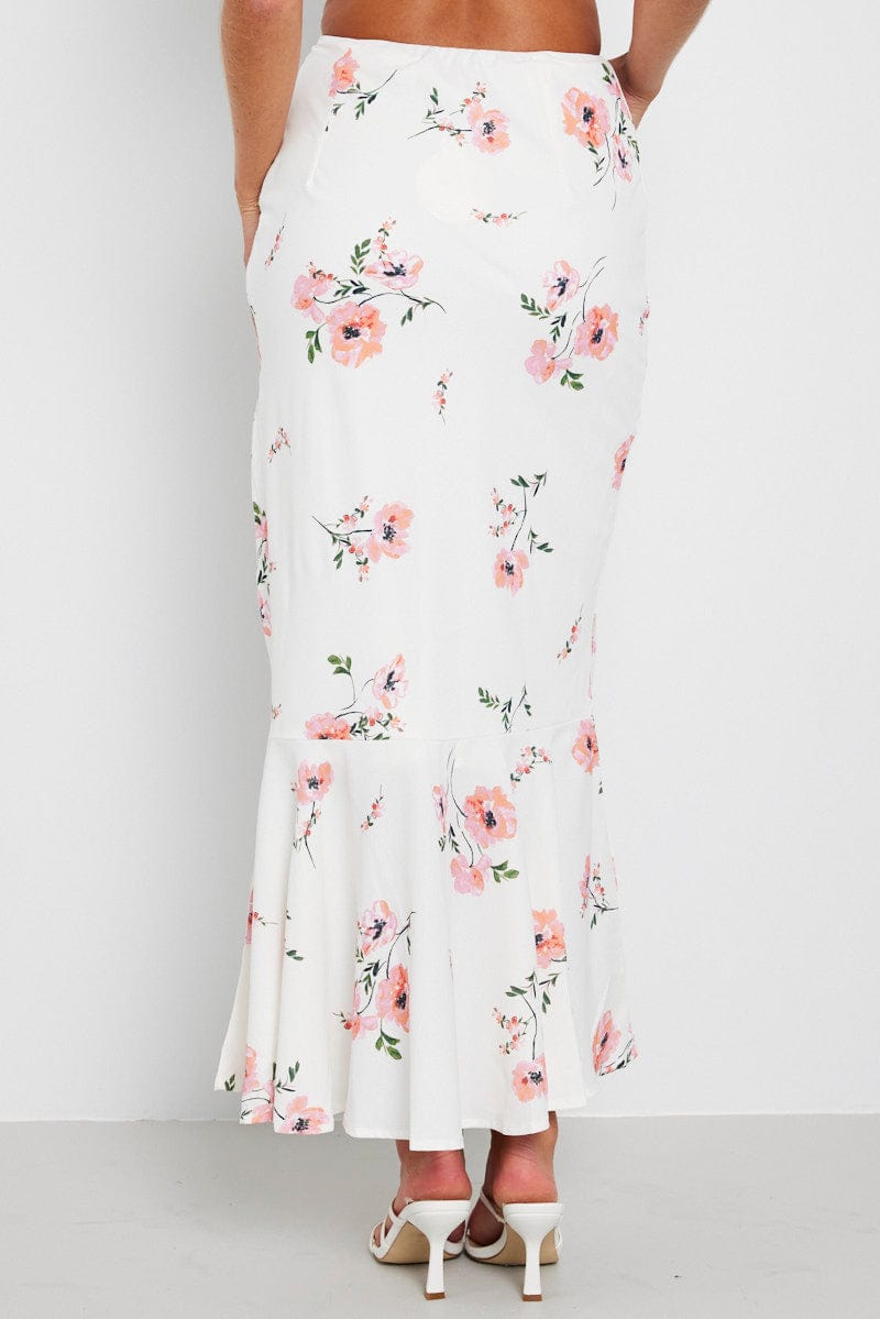 White Floral Maxi Skirt High Waist Fit & Flare
