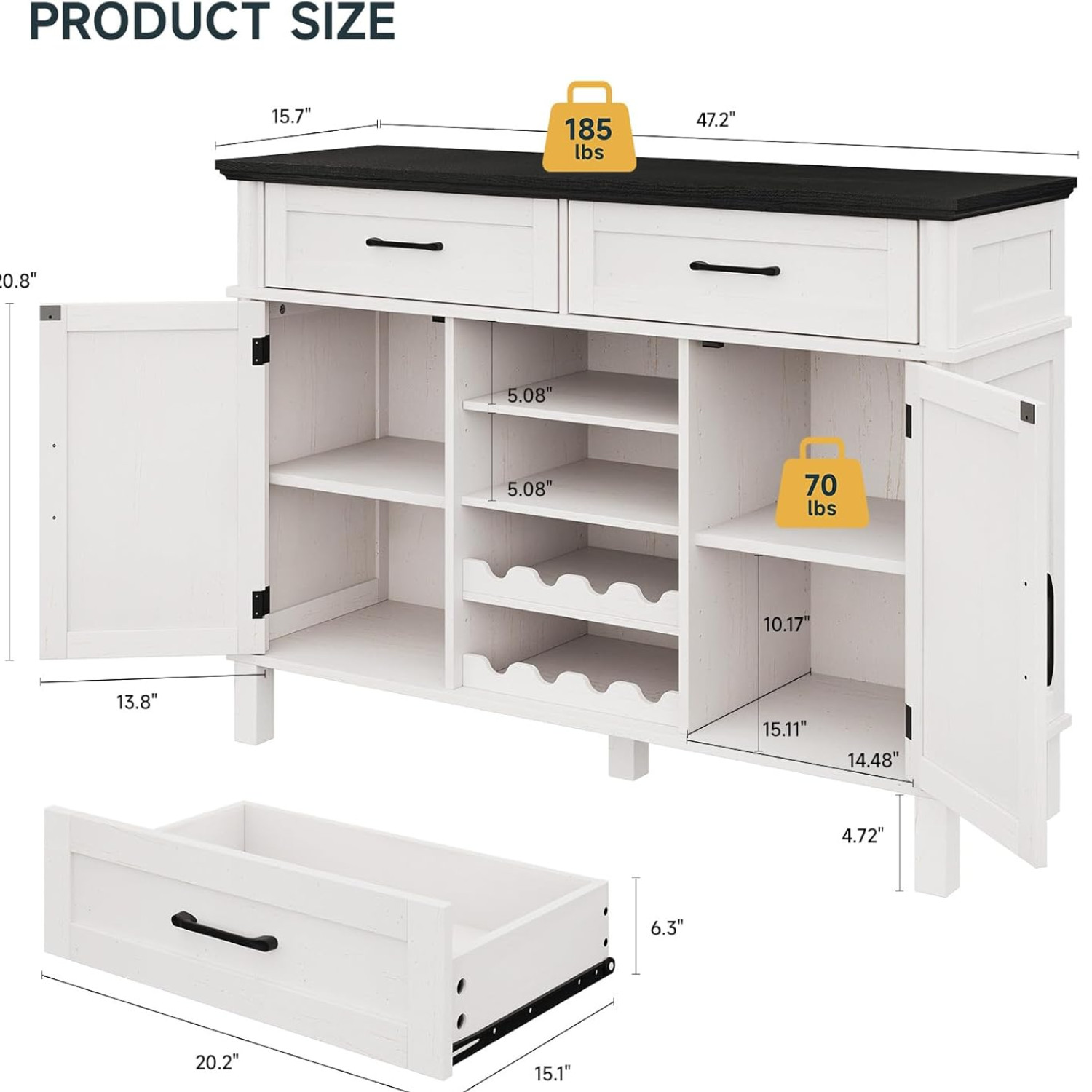 48 inches Buffet Storage Cabinet with 2 Wine Racks, 2 Drawers and Side Cabinets