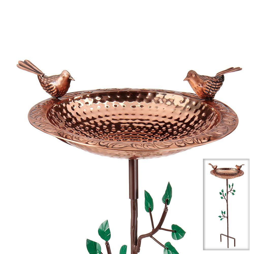 Good Directions Pure Copper Birdbath， Featuring Two Copper Birds and a Tree Themed Multi-Pronged Garden Pole BBG-2