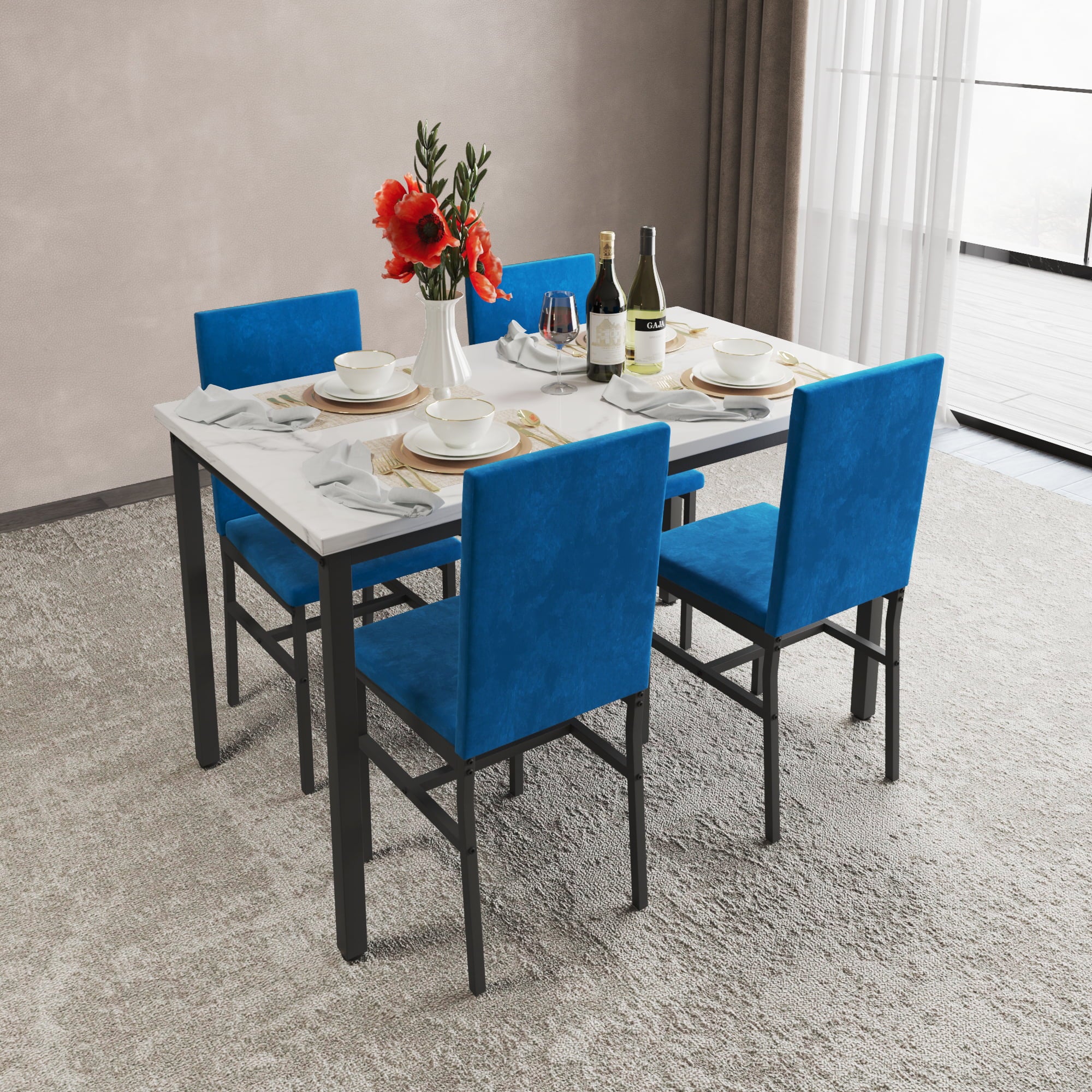 Kitchen Dining Table Set, 5-Piece Dining Table and Chairs, Metal Frame Dining Room Set with White Marble Table and Blue Velvet Chairs for 4