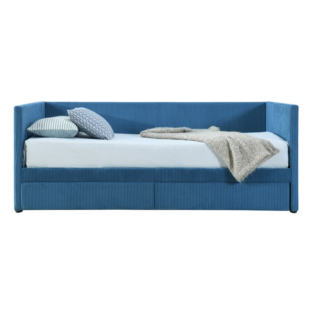 Blue Modern Twin Size Corduroy Daybed with 2 Large Storage Drawers and Solid Wood Slats Support  for Lawn Living Room Mild Rest