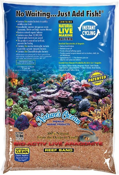 Nature's Ocean Bio-Activ Live Aragonite Saltwater Aquarium Sand， Australian Gold， 10-lb bag