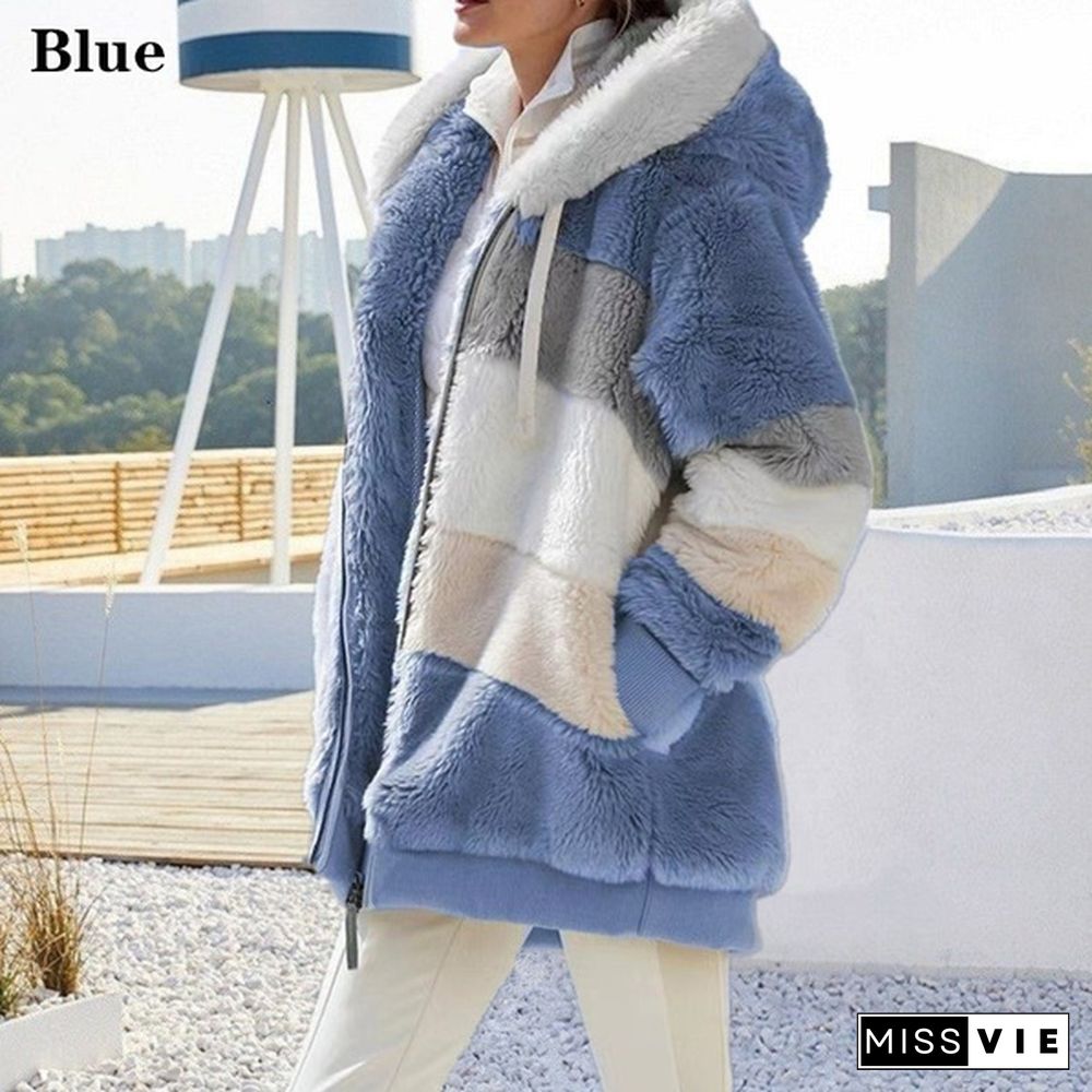 New Winter Women's Jacket Hooded Warm Plush Loose Jacket for Women Patchwork Winter Outerwear Faux Fur Zipper Ladies Parka Coat Plus Size