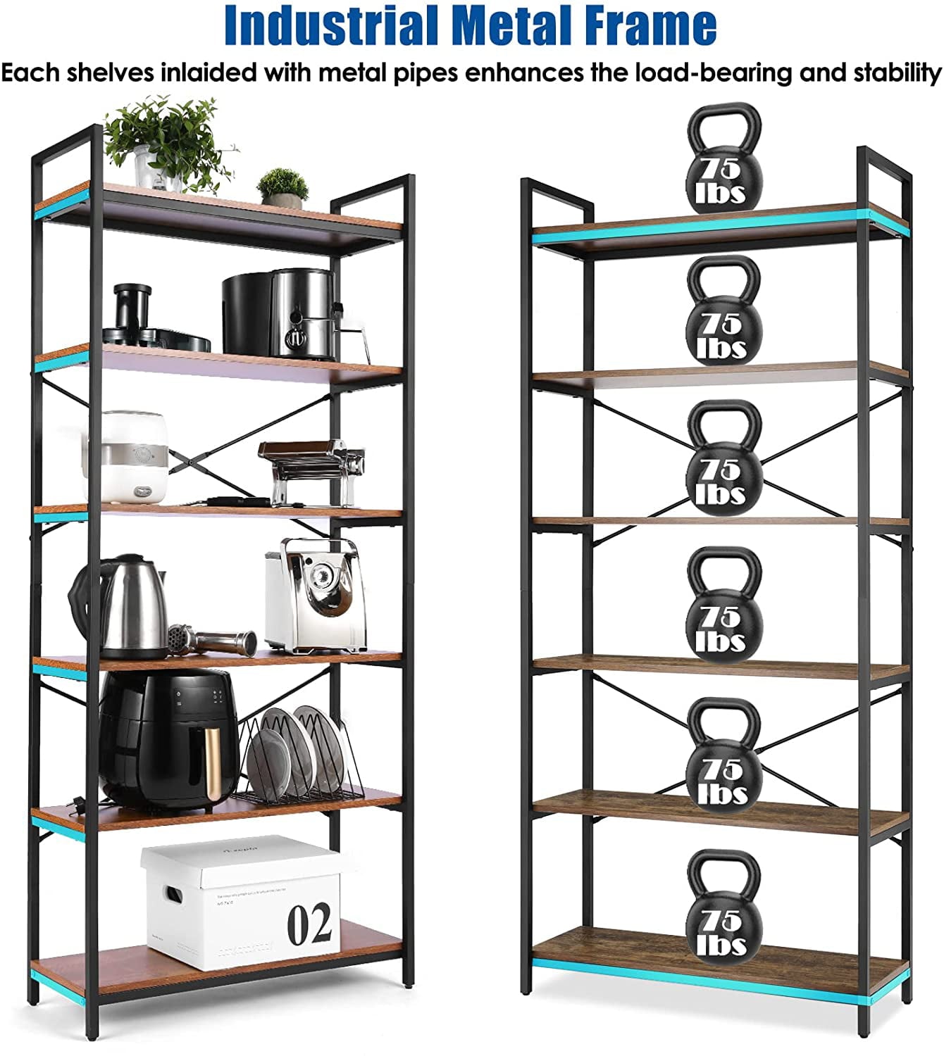 6 Tier Bookshelf Industrial Book Shelves Wall Storage Organizer Wooden Bookcase, Adjustable Metal Wood Shelving Unit Rack with Feet Pad for Home Office Kitchen Bathroom Study Room