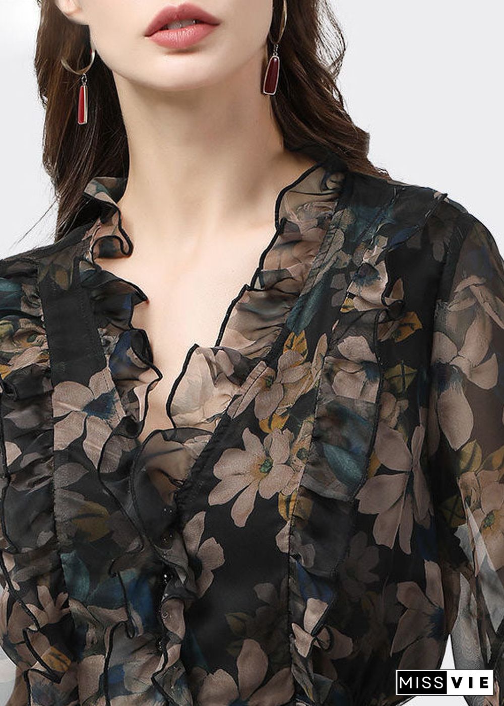 Unique Black Ruffled Patchwork Print Chiffon Blouse Top Summer