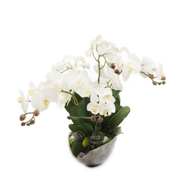 Cream White Orchids Faux Arrangement in Small Metal Tray