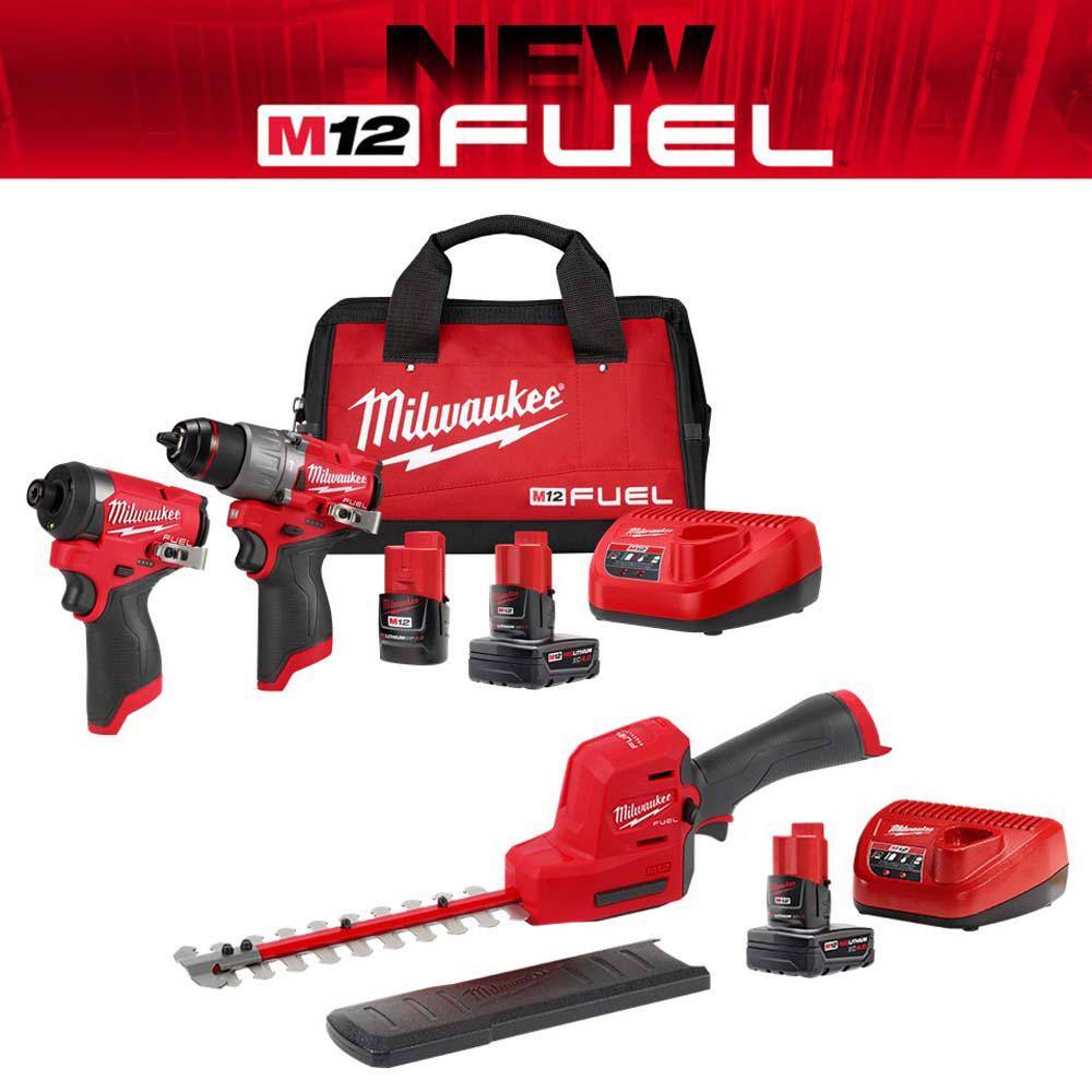 MW M12 FUEL 8 in. 12V Lithium-Ion Brushless Cordless Hedge Trimmer Kit wM12 FUEL Hammer Drill and Impact Driver Combo Kit 2533-21-3497-22