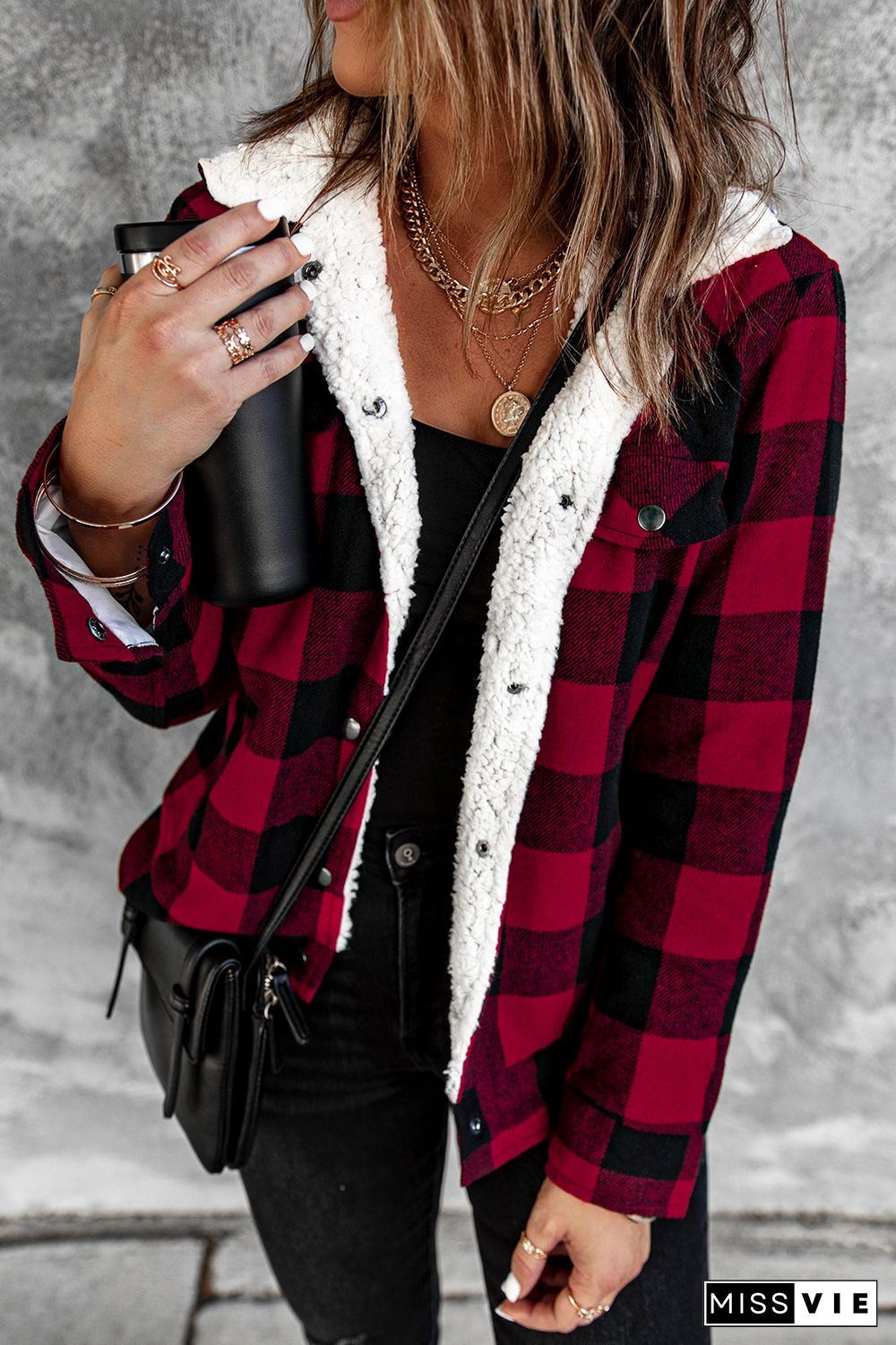 Red Plaid Print Fleece Button Jacket