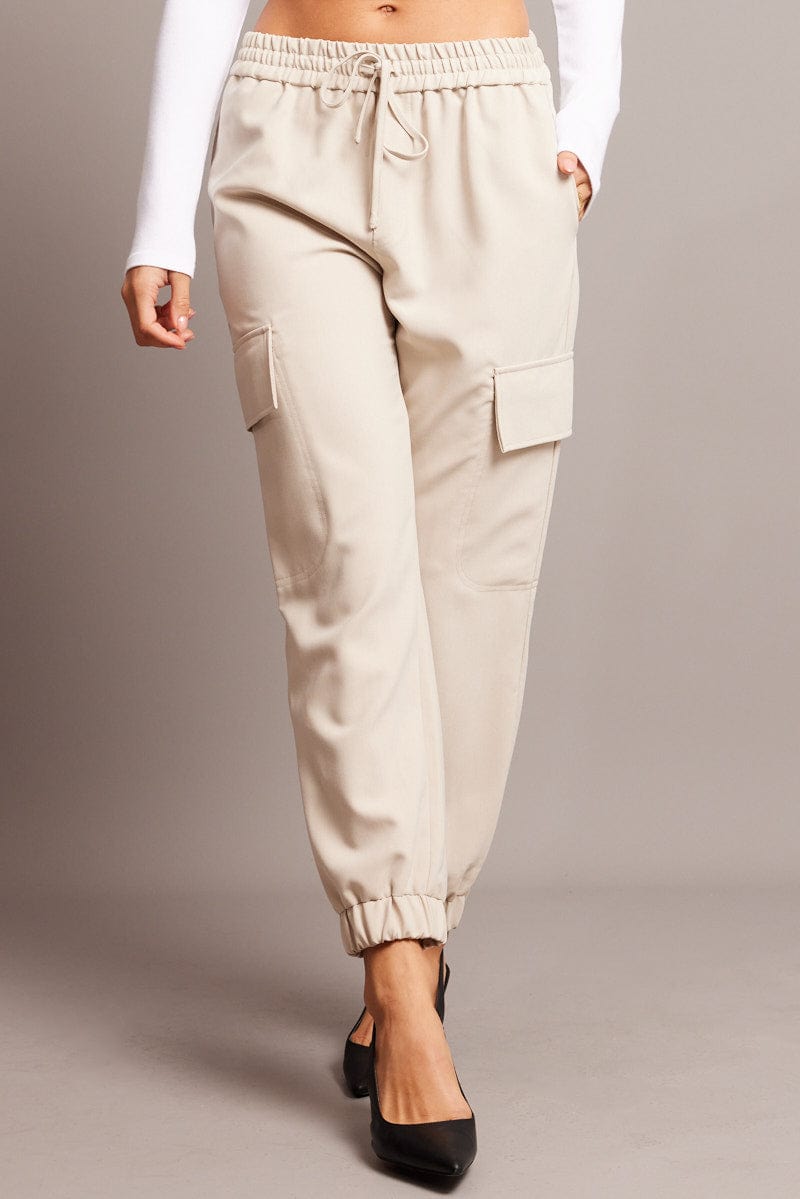 Beige Slim Pants Elasticated Hem