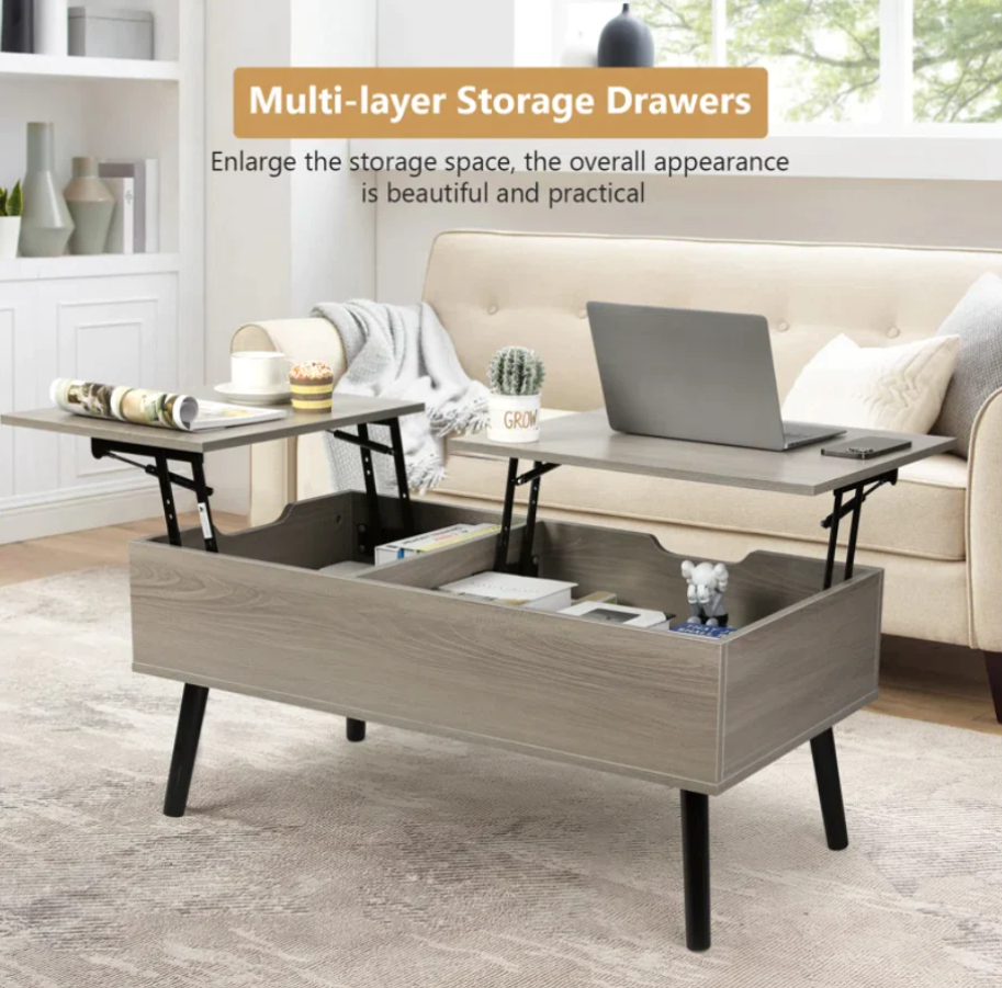 Lift Top Coffee Table with Storage, Double Lift Top Rectangular Storage Coffee Table