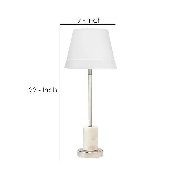 Marble Table Lamp with Wide Nickel Bottom， White and Silver