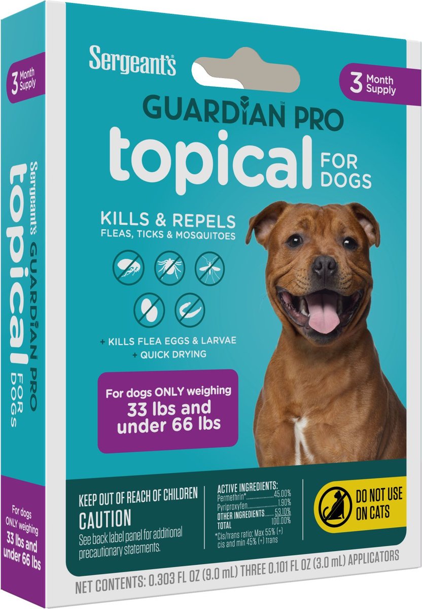 Sergeant's Guardian Dog Pro Flea and Tick Topical Treatment， 33-66-lb， 3 count