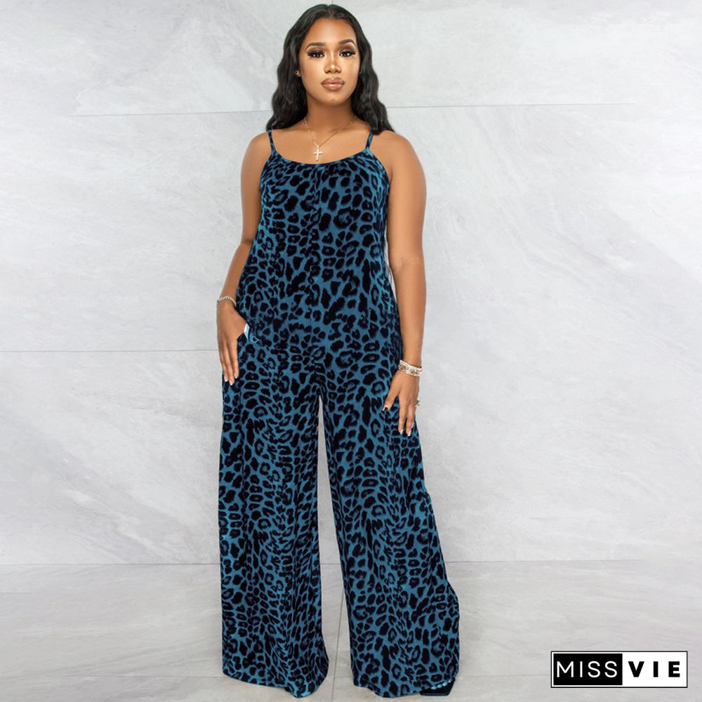 Leopard Spaghetti Strap Loose Plus Size Jumpsuits