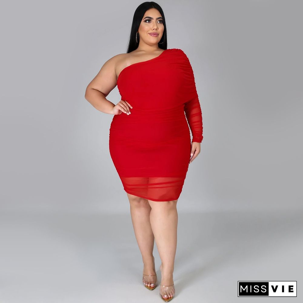 Plus Size Mesh Solid Single Sleeve Bodycon Dress