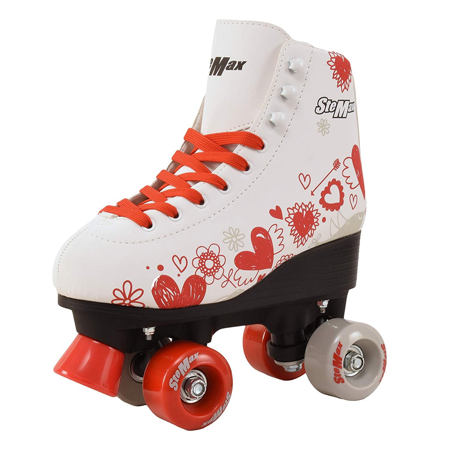 Quad Roller Skates for Girls and Women size 7.5 Adult White and Red Heart Outdoor Indoor and Rink Skating Classic Hightop Fashionable Design