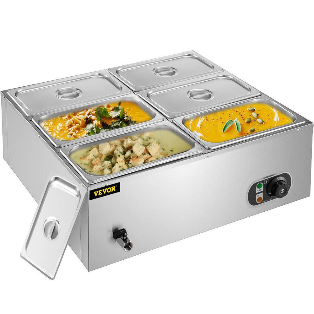 VEVOR 6-Pan Commercial Food Warmer 1200-Watt Electric Steam Table 6 in. Deep Stainless Steel Buffet Bain Marie 32 Qt. BWTCDTC6C00000001V1