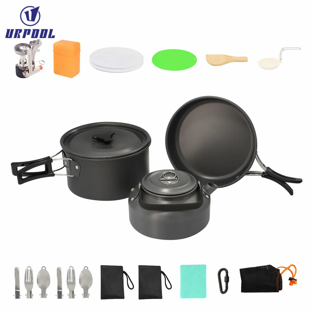 Outdoor Cooking Portable Pot Pan Kettle Aluminum oy Camping Cook set with Cutlery Set for camping and hiking