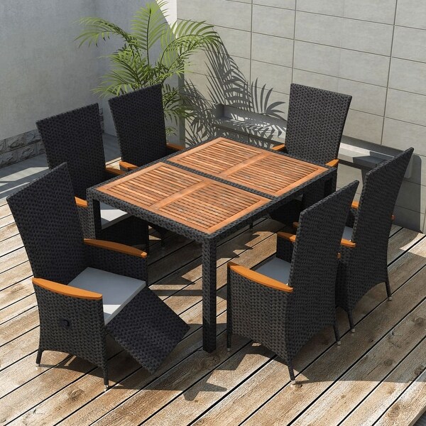 vidaXL 7 Piece Patio Dining Set Poly Rattan Acacia Wood Black