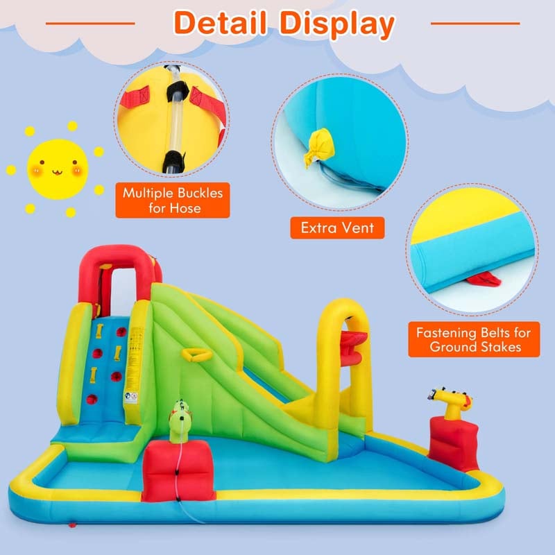 7-in-1 Kids Long Slide Water Park Inflatable Bounce House with Climbing Wall, Splash Pool, Basketball Rim, Water Cannons