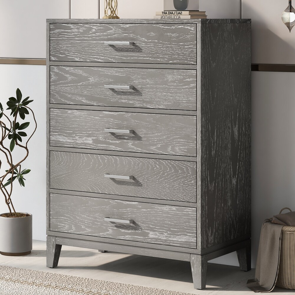 Concise Style Solid Wood Grain 5 Drawer Dresser with Tapered Legs and Smooth Gliding Drawers  Modern Storage Cabinet for Bedroom