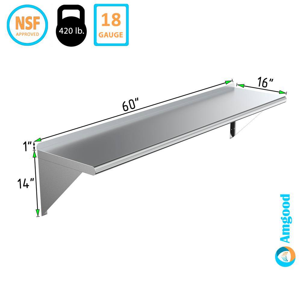 AMGOOD 16 in. x 60 in. Stainless Steel Wall Shelf. Kitchen Restaurant Garage Laundry Utility Room Metal Shelf with Brackets AMG WS-1660