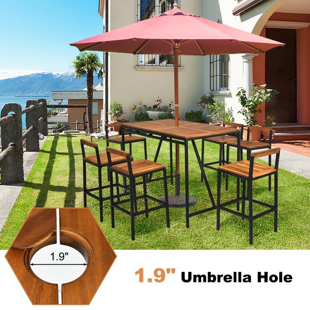 Tangkula 7pcs Patio Rattan Bar Set With Umbrella Hole Wood High dining Bistro Set With 6 Bar Stools For Poolside amp garden