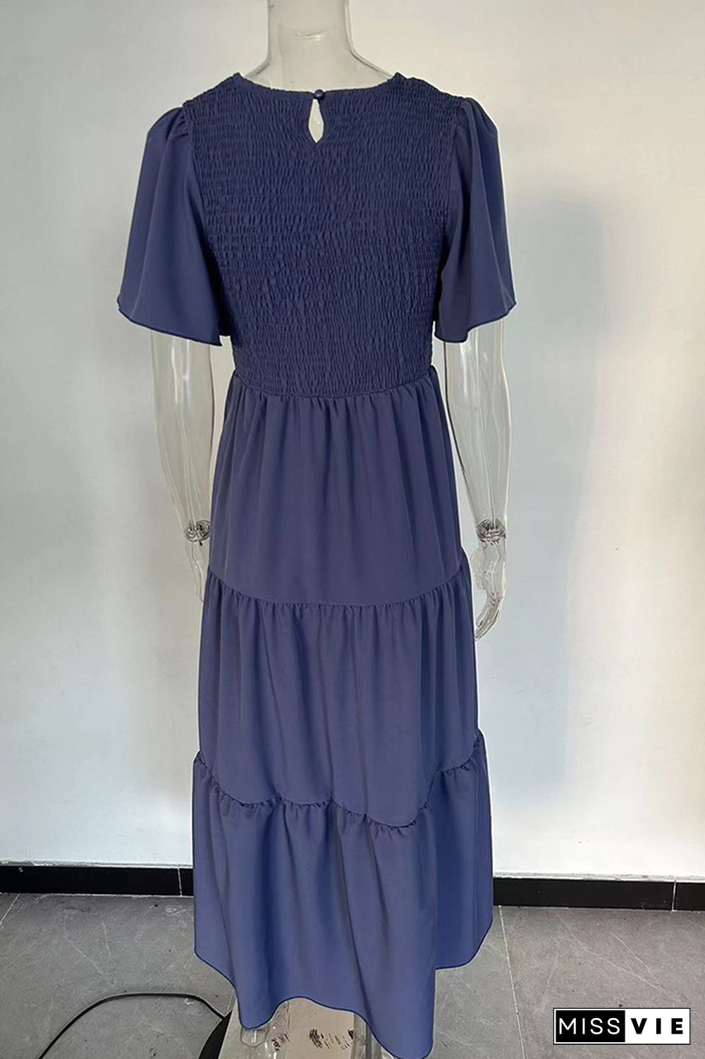 Plain Smocked Puff Tiered Maxi Dress