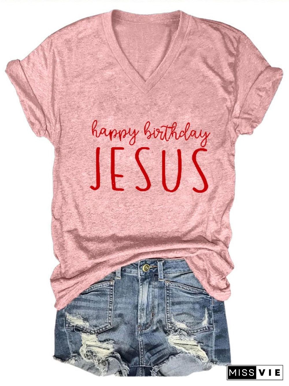 Women's Happy Birthday Jesus Printed Short Sleeve T-Shirt