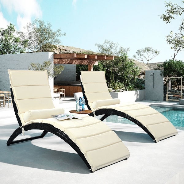 2-Pice Outdoor Patio Wicker Foldable Chaise Lounge with Cushion Pillow