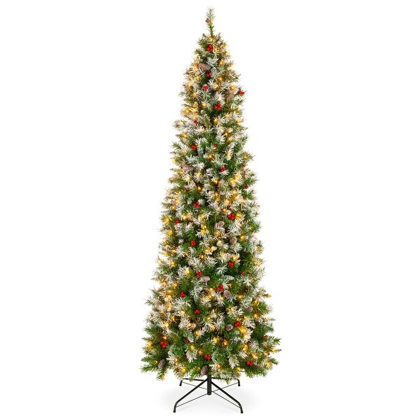 PreLit Partially Flocked Spruce Pencil Tree with Berries，Pine Cones