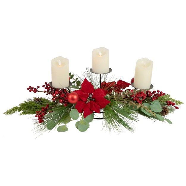 Triple Candle Holder With Red Berry And Poinsettia Christmas Decor