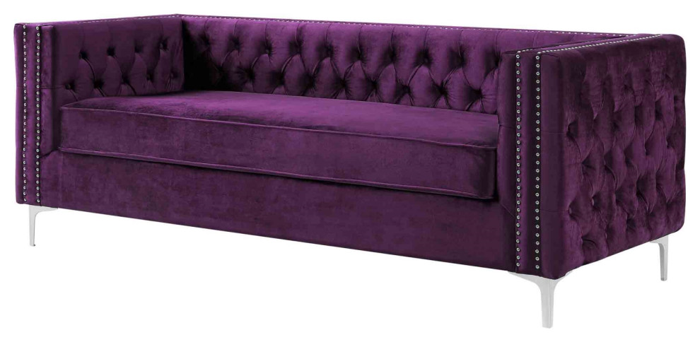 Jeannie Velvet 3 Seat Sofa Button Tufted With Metal Legs   Midcentury   Sofas   by Inspired Home  Houzz