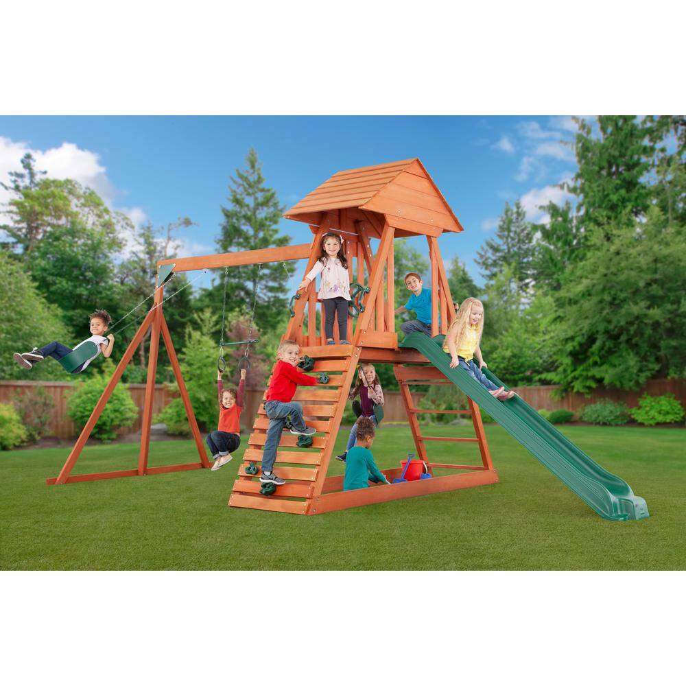 Creative Cedar Designs Cedar Chalet Complete Wood Playset with Wooden Roof Climbing Wall Sandbox Slide and Multiple Swing Set Accessories 3710