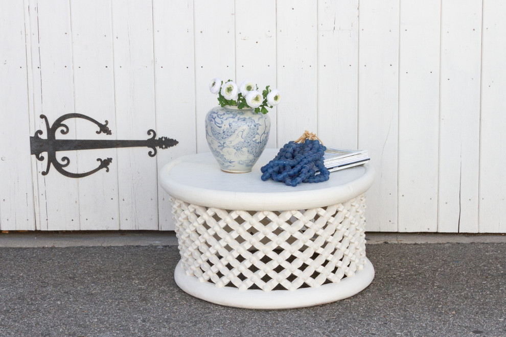 Aged White Bamileke Round Table   Farmhouse   Coffee Tables   by De cor  Houzz