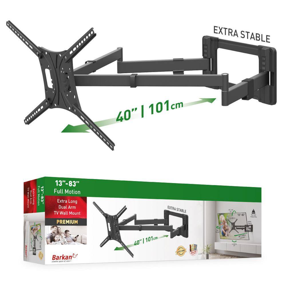 Barkan a Better Point of View Barkan 13 in. - 80 in. Full Motion - 4 Movement Extra-Long Dual Arm FlatCurved TV Wall Mount Black Extremely Extendable BM464XL