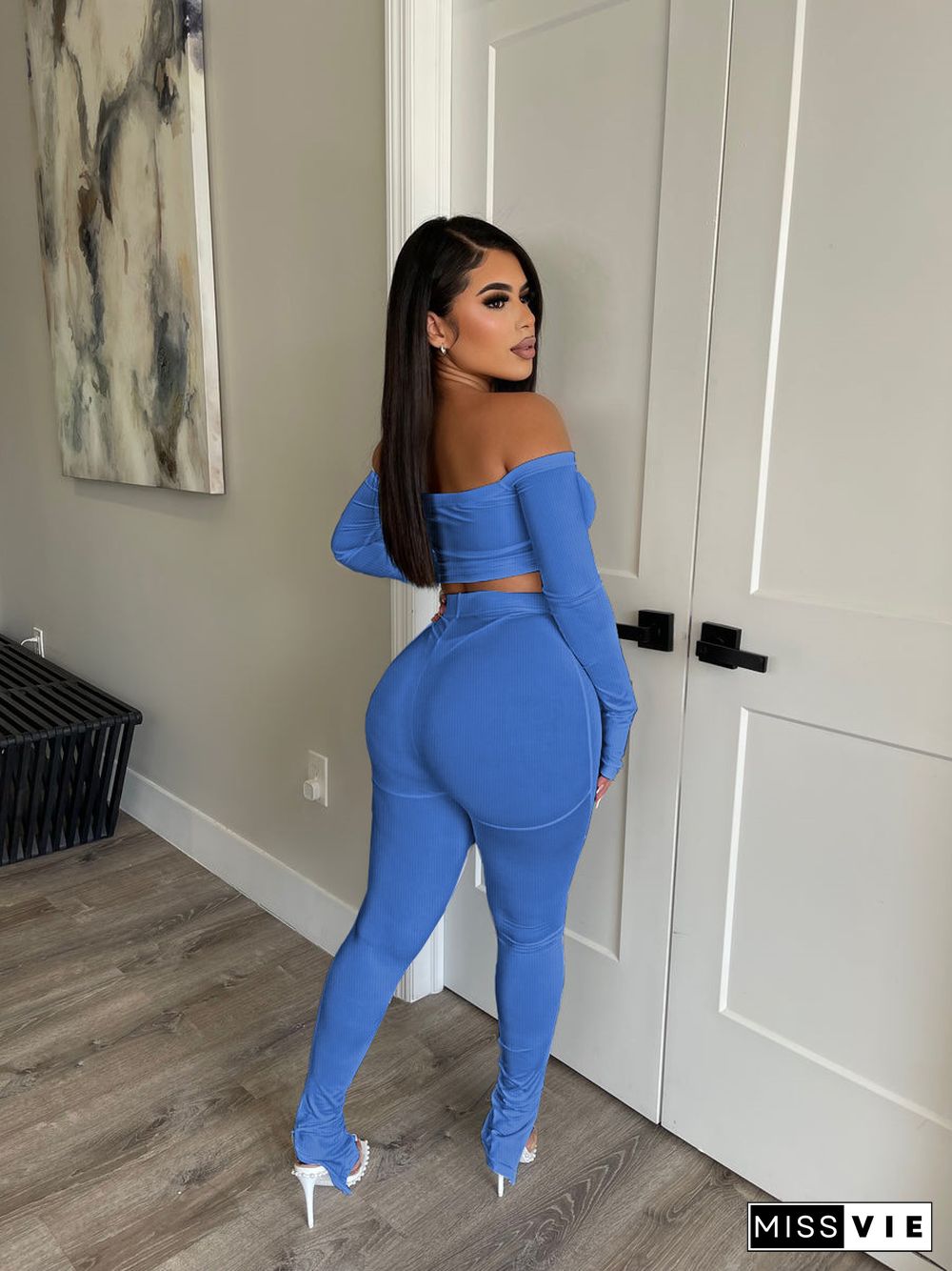 Ribbed Off Shoulder Crop Tops High Waist Pants Suit