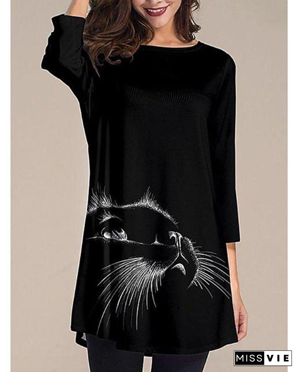 Women's T Shirt Dress Tee Dress Knee Length Dress - Short Sleeve Animal Summer Fall Casual Linen Black M L XL XXL 3XL 4XL Black Dresses