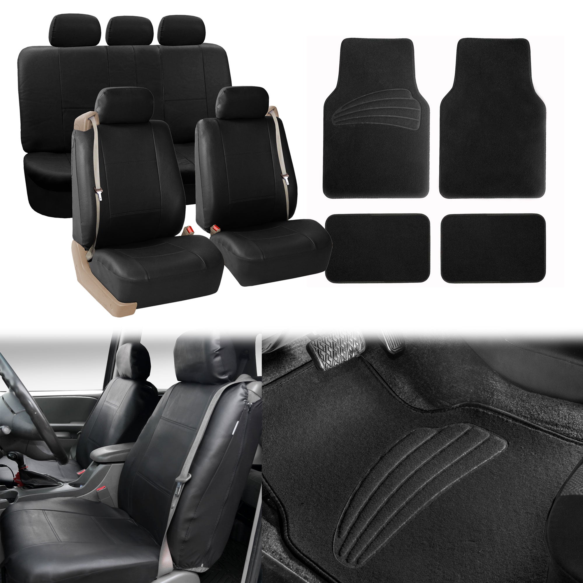 FH Group PU Leather Integrated Seatbelt Seat Covers， Full Set with Black Carpet Floor Mats， Black