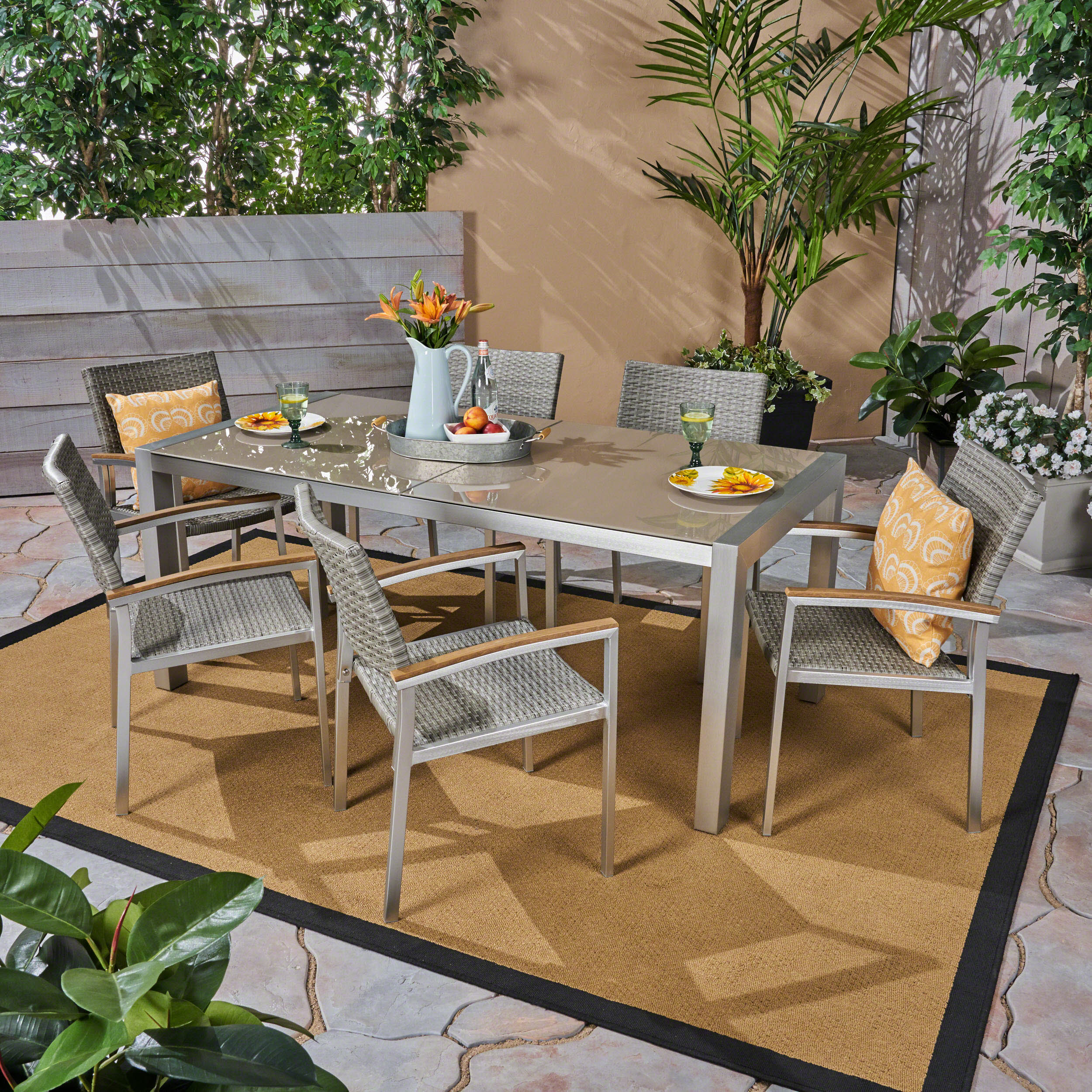 Jamine Outdoor Aluminum and Mesh 7 Piece Dining Set with Glass Table Top