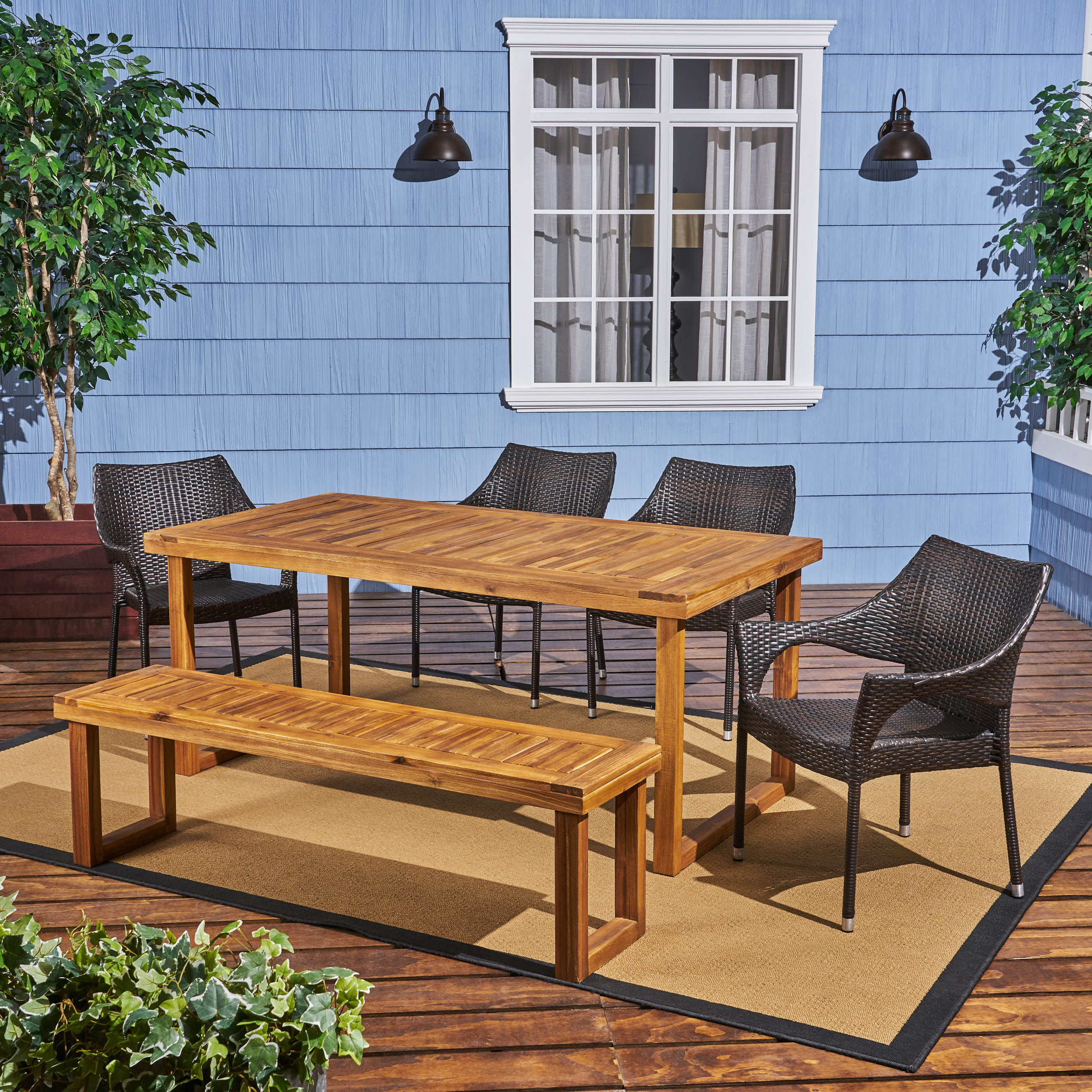 Cason Outdoor 6-Seater Wood and Wicker Chair and Bench Dining Set