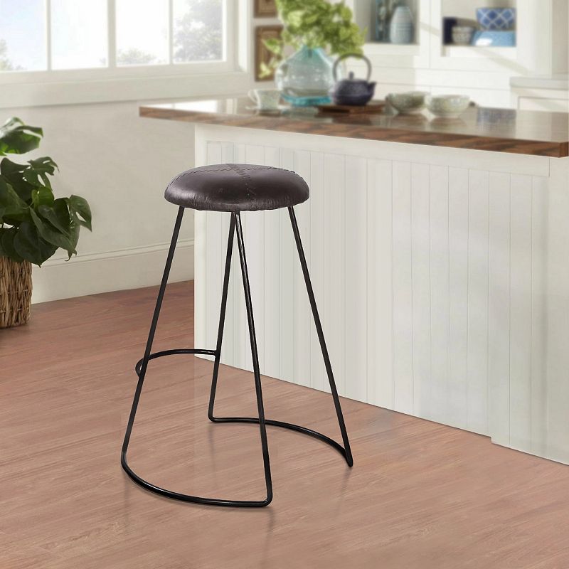 26 Inch Modern Counter Height Stool， Genuine Leather Upholstery， Metal Frame， Baseball Stitching， Black