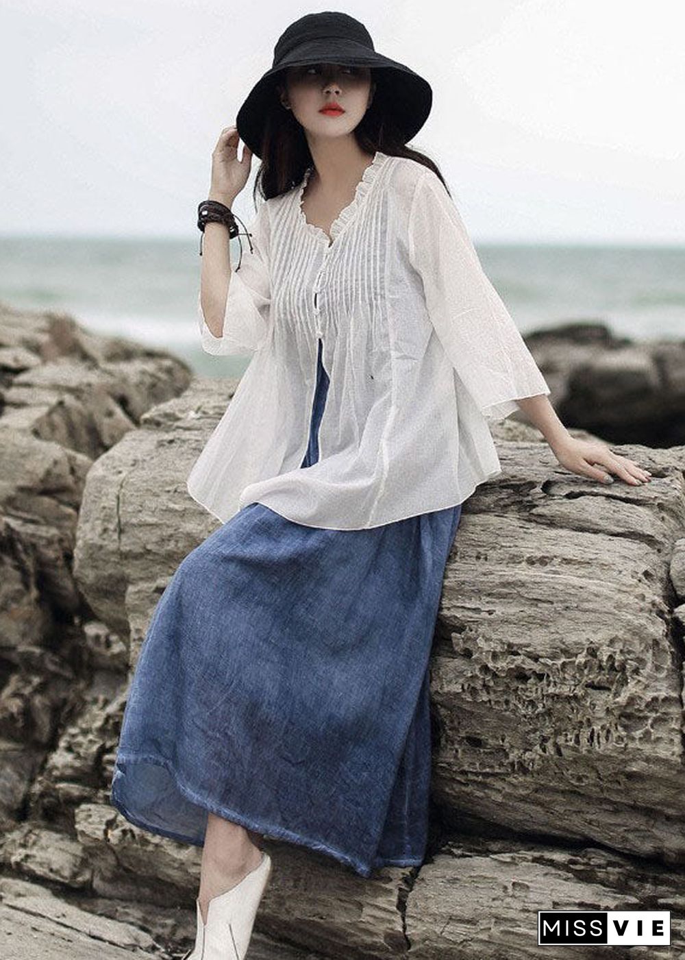 Art White Ruffled Solid Cotton Shirt Tops Three Quarter sleeve